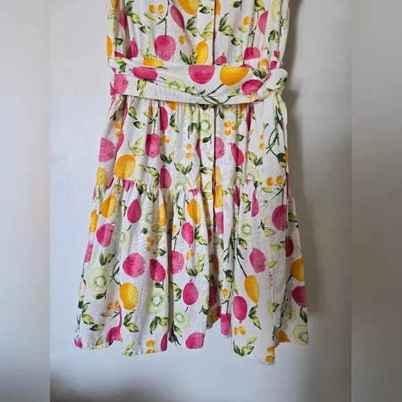 Cynthia Rowley Linen Blend Dress 8 Sleeveless Button Front Fruit Print Belted - Picture 5 of 11